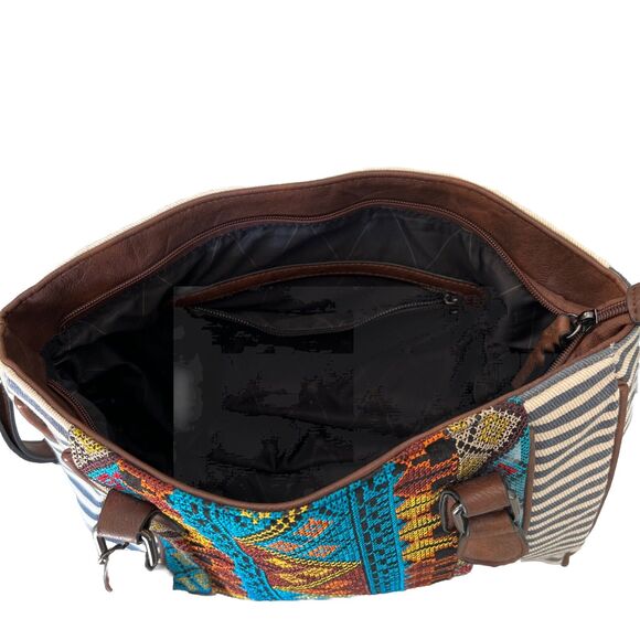 MMS Aztec & Stripe Print Satchel Tote w/Fringes Purse Handbag Removable Strap - Picture 10 of 16
